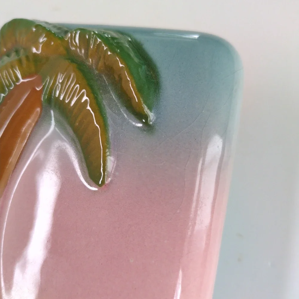 Vtg 80s Tropical Palm Tree Trinket Box Jewelry Lidded Ceramic Sunset Beach Small
